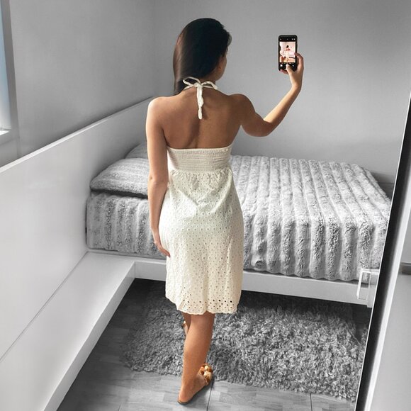 White Tied Neck Backless Eyelet Lace Midi Babydoll Dress - Picture 5 of 6